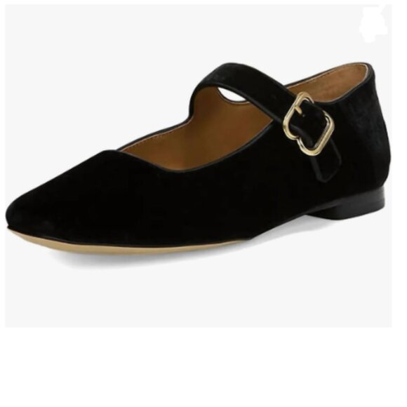 XYD Black Velvet Square Toe Mary Jane Flats Low Heel Single Strap Buckled Shoes - Picture 1 of 8